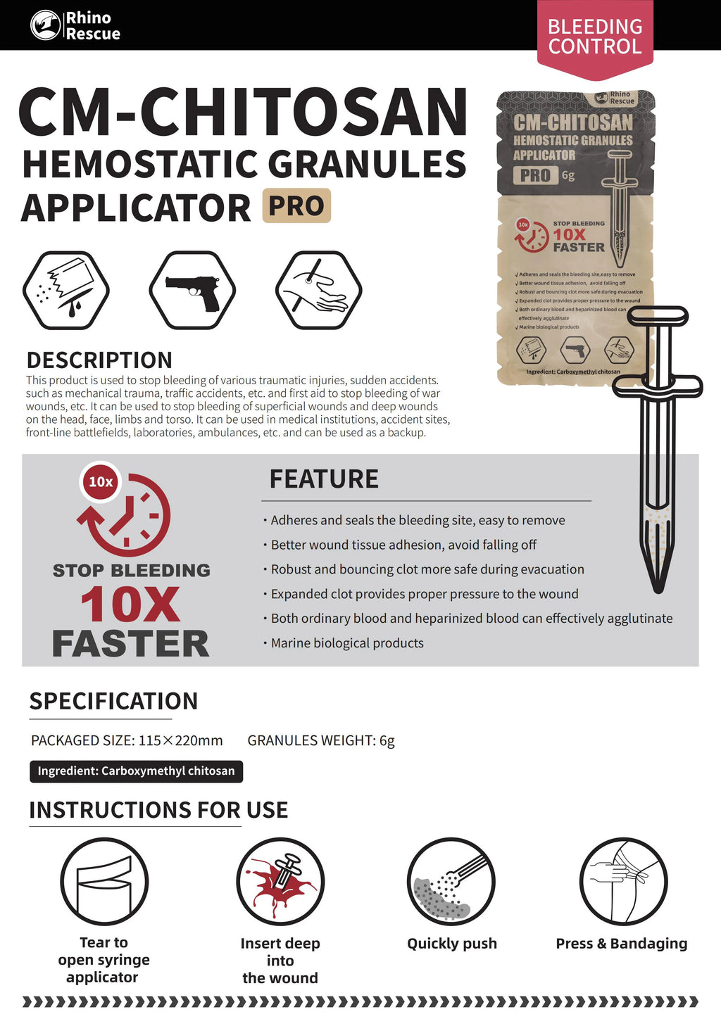 RHINO RESCUE Chitosan Hemostatic Powder Granular 6g/15g Hemostatic Granules Wound Dressing for Fast Bleed Control For Camping