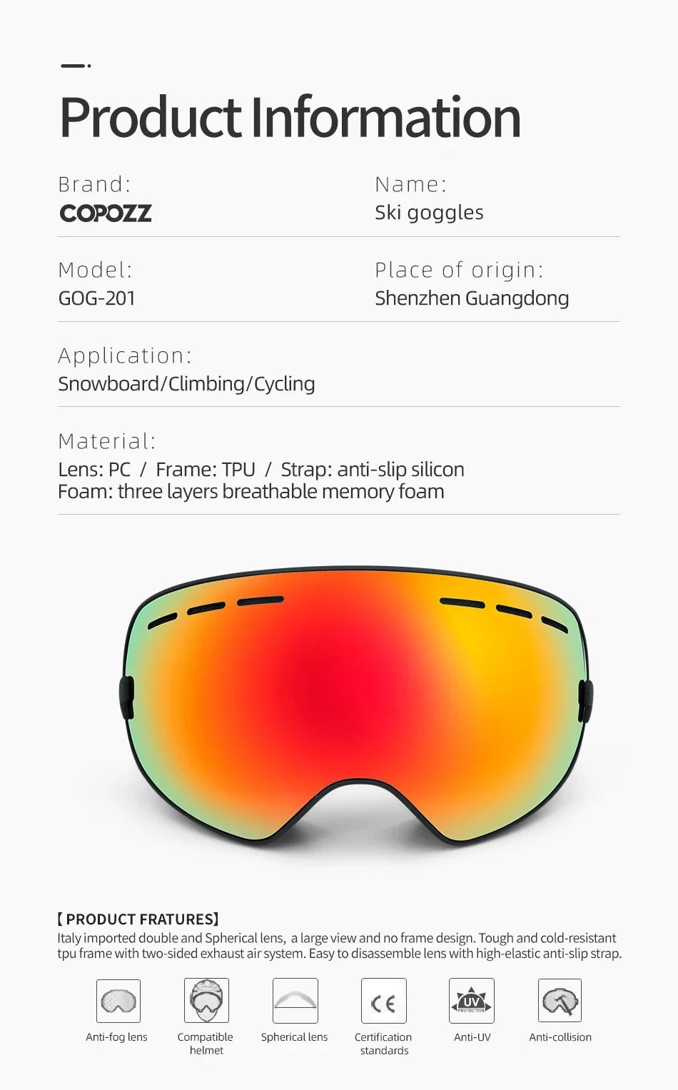 COPOZZ Brand Professional Ski Goggles Double Layers Lens Anti-fog UV400 Big Ski Glasses Skiing Snowboard Men Women Snow Goggles