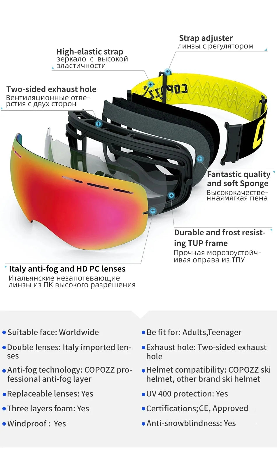 COPOZZ Brand Professional Ski Goggles Double Layers Lens Anti-fog UV400 Big Ski Glasses Skiing Snowboard Men Women Snow Goggles