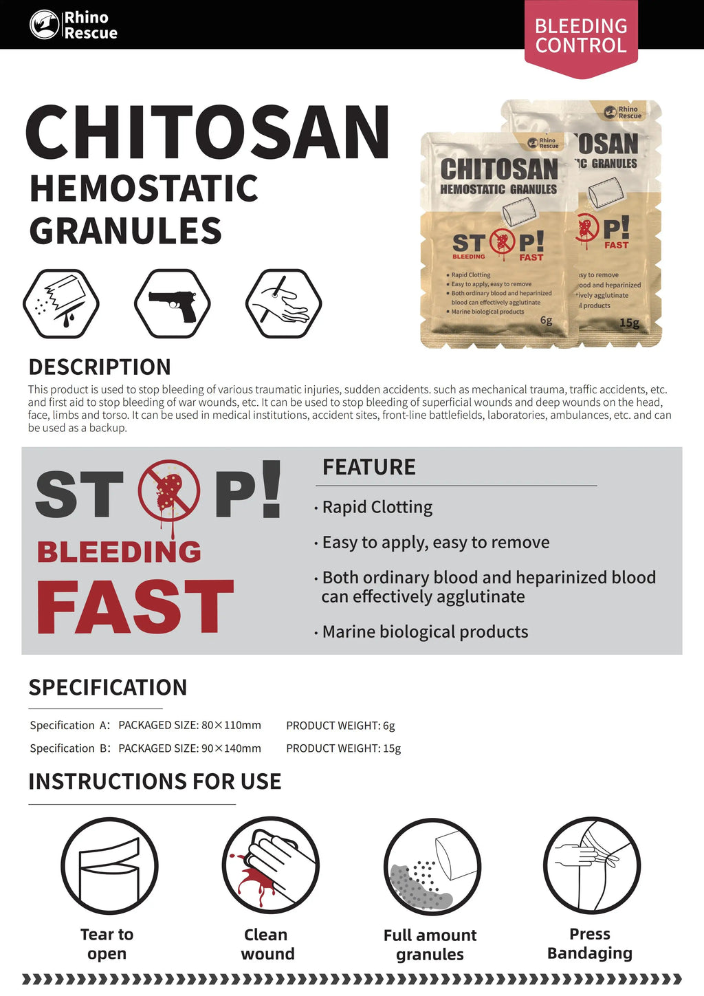 RHINO RESCUE Chitosan Hemostatic Powder Granular 6g/15g Hemostatic Granules Wound Dressing for Fast Bleed Control For Camping